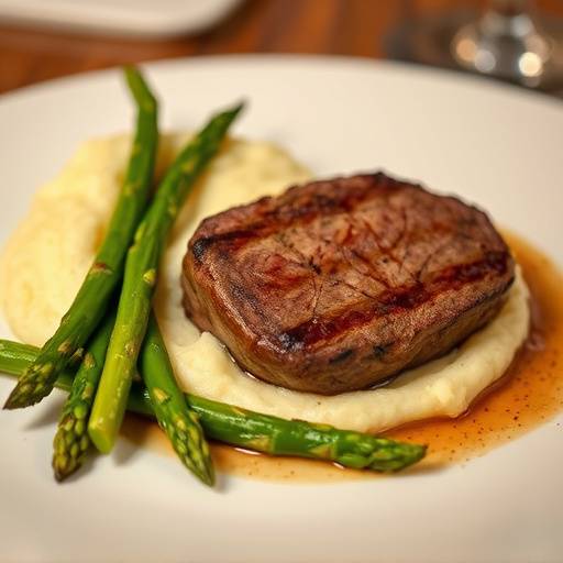 Filet Mignon: Tender filet mignon with truffle mashed potatoes and asparagus.