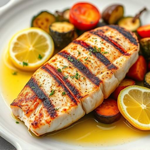 Grilled Swordfish with Roasted Vegetables and Lemon-Butter Sauce
