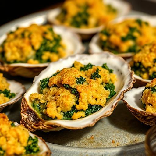 Oysters Rockefeller: Baked oysters with spinach, herbs, and breadcrumbs.