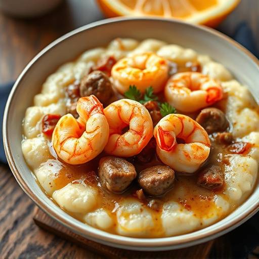 Savannah Shrimp and Grits: Creamy grits with shrimp, sausage, and tasso ham gravy.