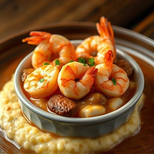 Savannah Shrimp and Grits with Andouille Sausage and Tasso Ham Gravy